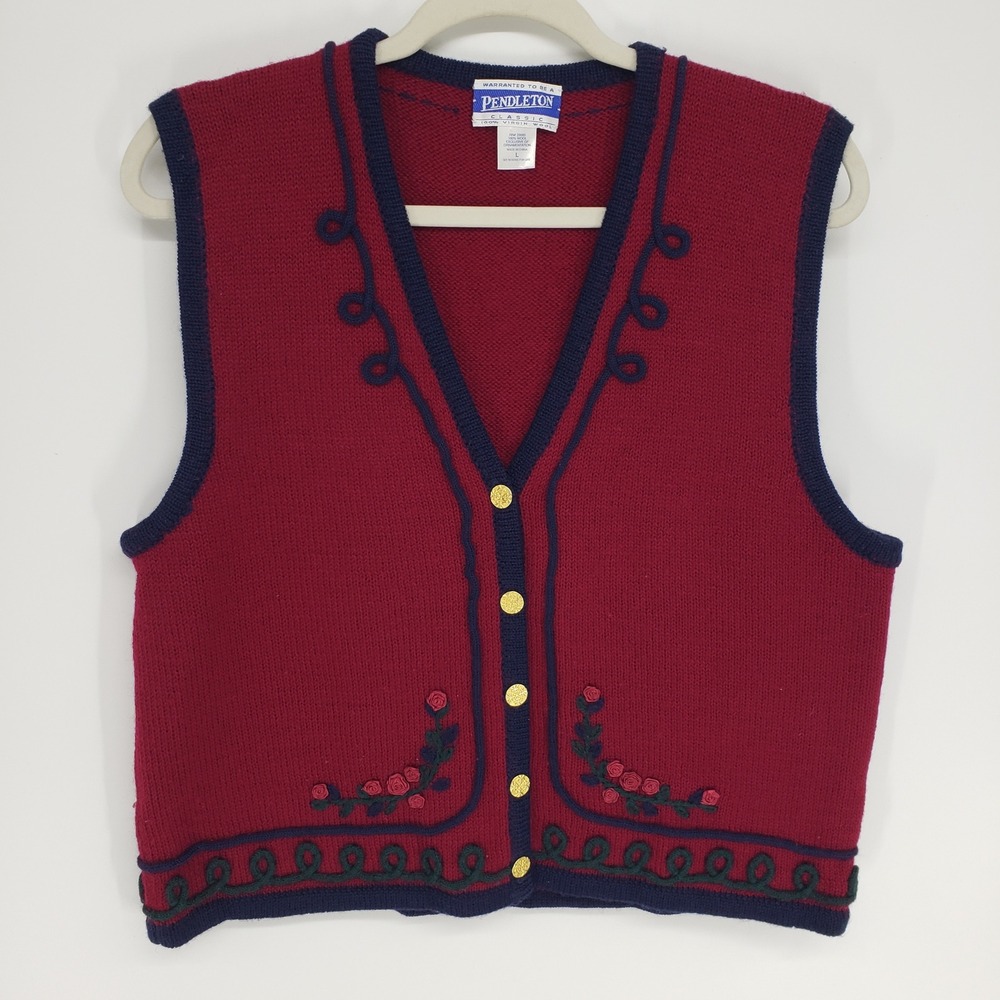 Vintage 90s Pendleton Floral Embroidered Wool Sweater Vest Women Large Red Navy